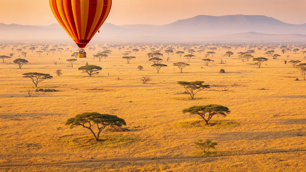 Vue aérienne d'une montgolfière survolant la savane africaine au lever du soleil avec un troupeau d'éléphants en contrebas