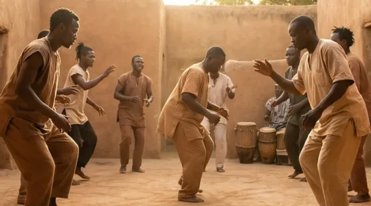 Danseurs africains en mouvement lors d'une répétition dans une cour intérieure