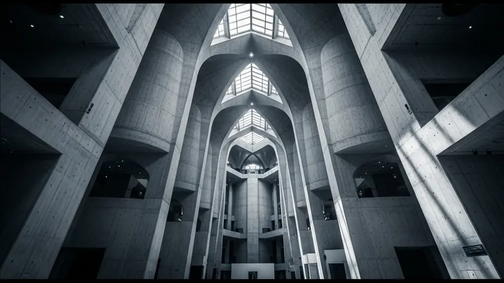 Vue architecturale intérieure inspirée d'un musée d'art contemporain au Cap, avec des structures en béton tubulaires et une lumière zénithale.