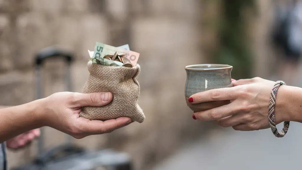 Une transaction directe et respectueuse entre un voyageur et une personne locale, dans un cadre de voyage authentique, avec un espace visuel libre pour un titre.