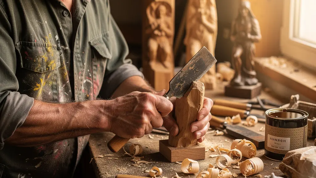 Artisan au travail dans son atelier authentique, mains patinées manipulant un outil usé parmi les copeaux de bois et les pièces en cours