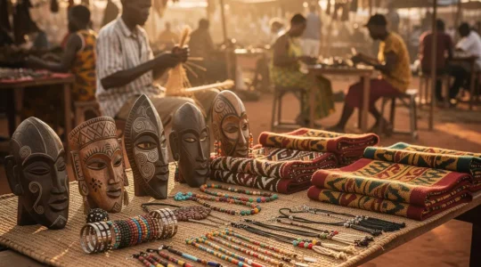 Vue d'ensemble d'un marché artisanal africain avec des artisans créant leurs œuvres