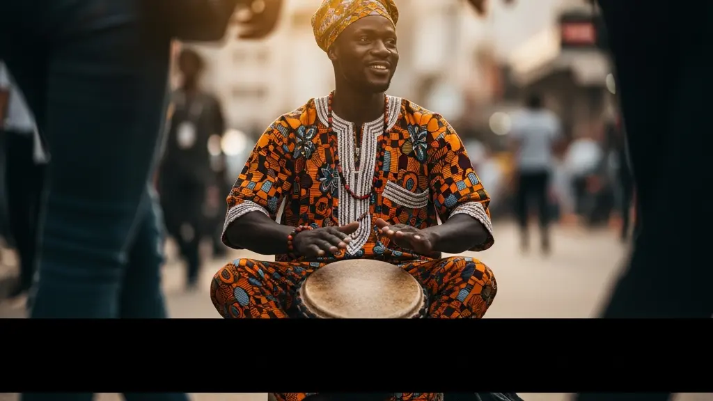 Artiste de rue africain avec instrument traditionnel et code QR pour paiement mobile