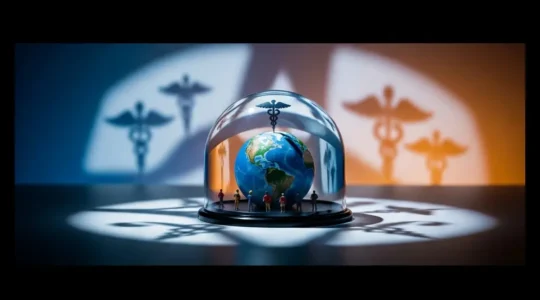 Vue aérienne d'un globe terrestre métaphorique avec des éléments de protection santé et voyage