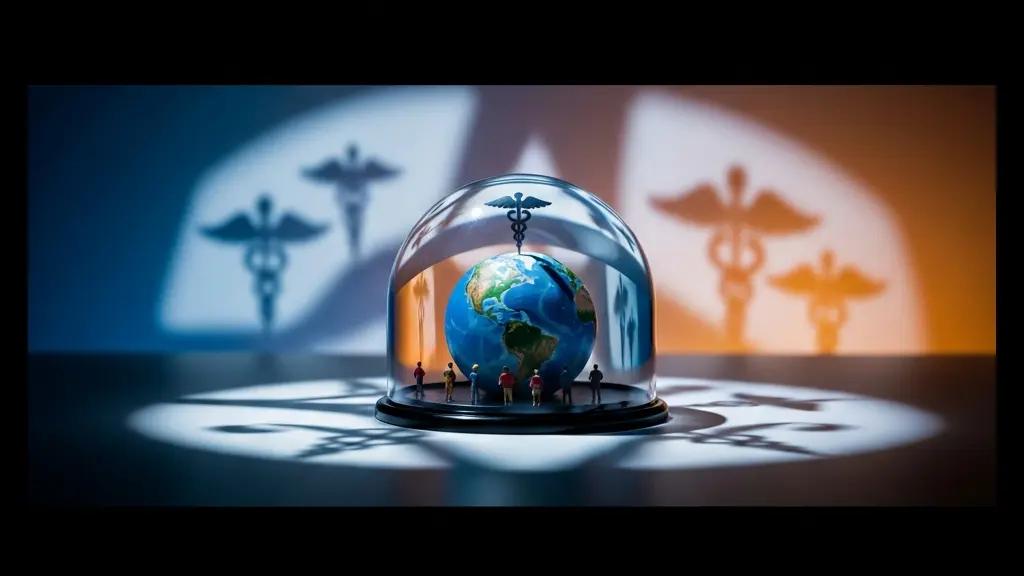 Vue aérienne d'un globe terrestre métaphorique avec des éléments de protection santé et voyage