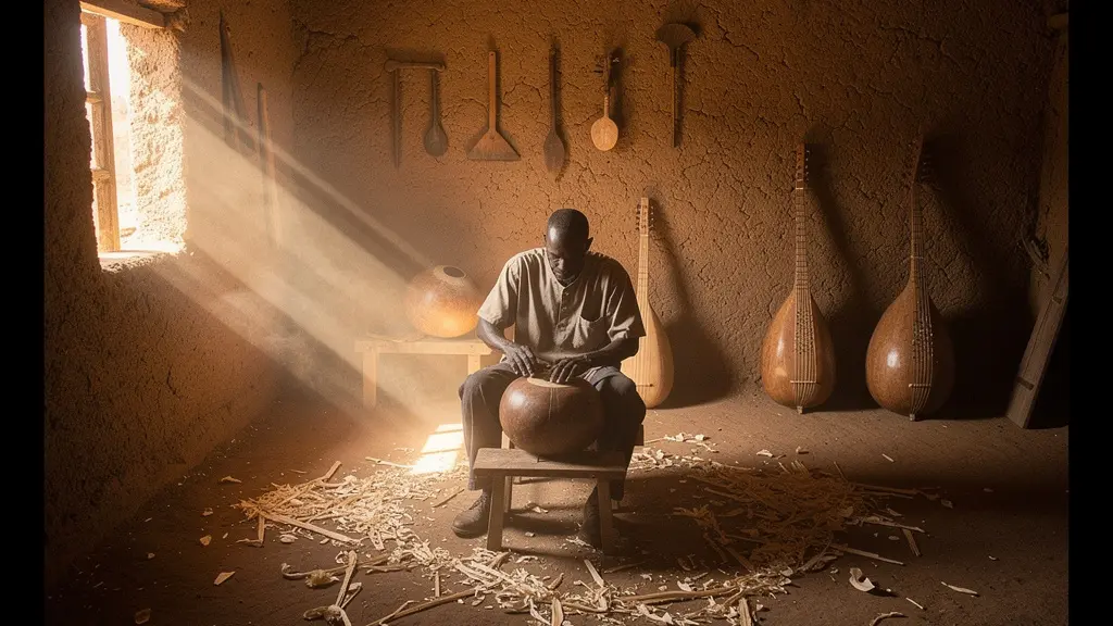 Artisan luthier façonnant une kora dans un atelier traditionnel