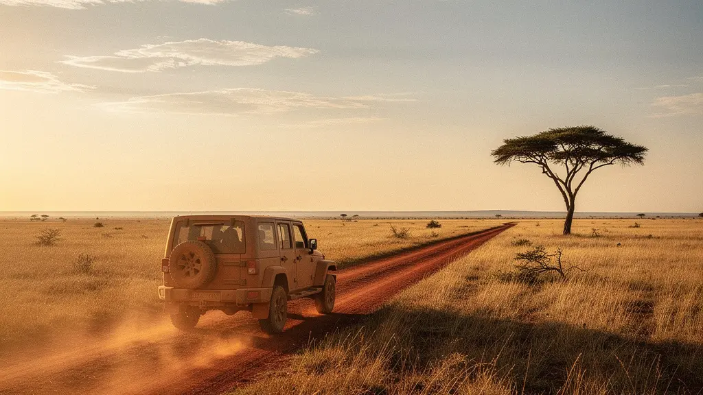 Véhicule 4x4 solitaire sur une piste de terre rouge traversant la savane africaine au lever du soleil