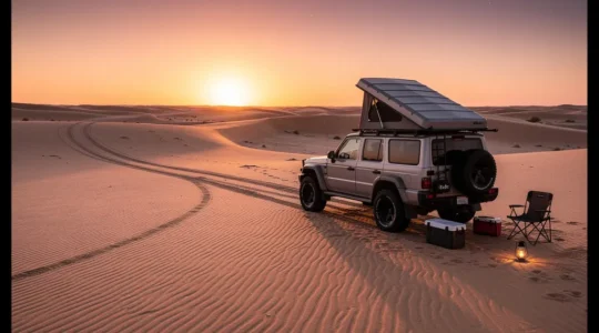 Campement nocturne avec tente de toit sur 4x4 au cœur des dunes du désert sous un ciel étoilé