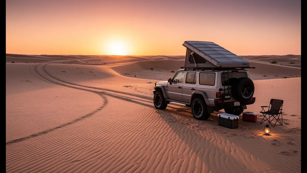 Campement nocturne avec tente de toit sur 4x4 au cœur des dunes du désert sous un ciel étoilé