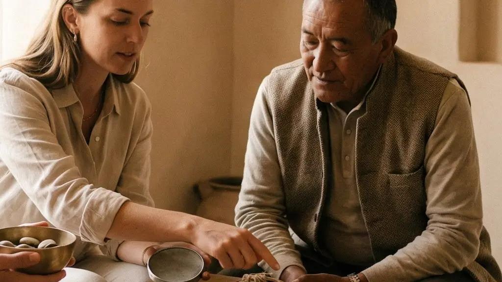 Deux voyageurs échangent avec un agent local dans un espace chaleureux, en organisant mentalement un itinéraire sans aucun document ni écran visible.