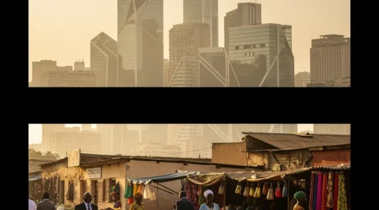 Vue panoramique d'une capitale africaine moderne avec gratte-ciels et architecture traditionnelle, révélant une ville dynamique entre tradition et modernité