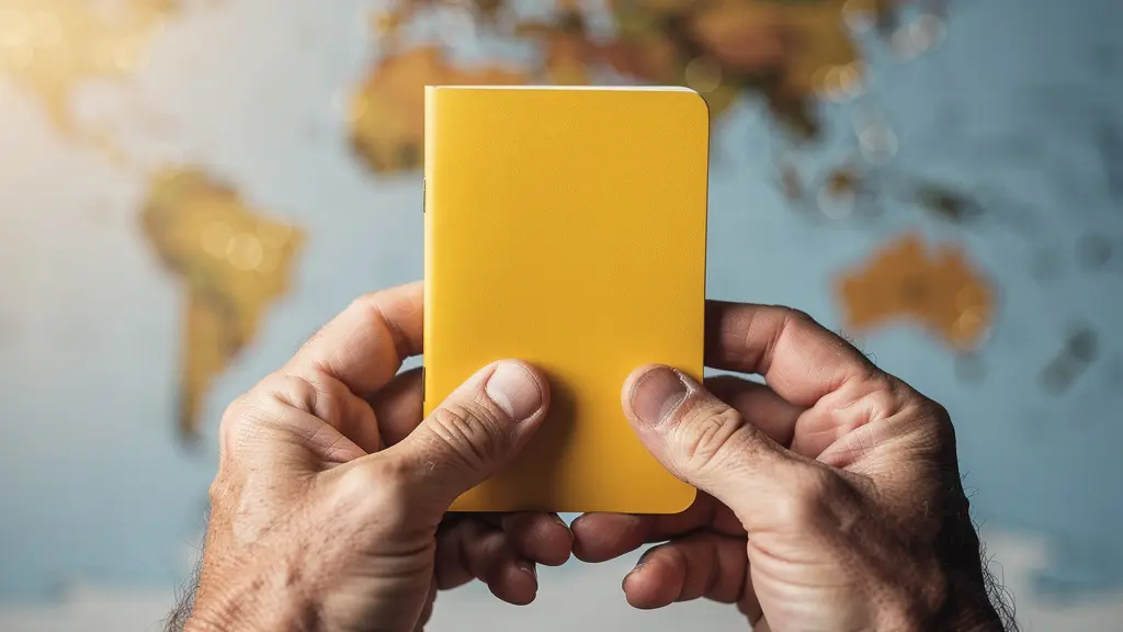 Main tenant un carnet de vaccination jaune international sur fond de carte floue