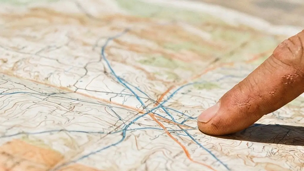 Gros plan sur une carte topographique usée et poussiéreuse posée sur le capot d'un véhicule tout-terrain en pleine brousse