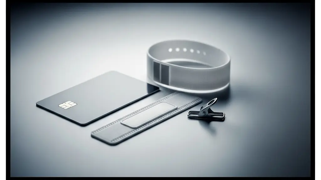 Nature morte symbolique montrant une carte bancaire sans marque posée près d’un bracelet médical vierge, éclairée de façon dramatique pour évoquer la caution à l’hôpital.