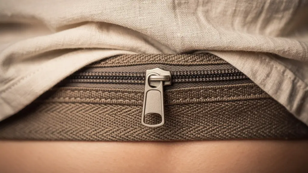 Gros plan sur une ceinture de sécurité dissimulée sous un vêtement de voyage, révélant une pochette secrète fermée