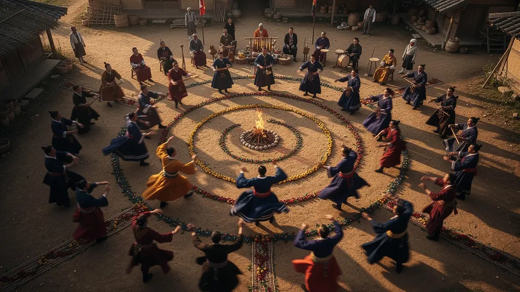 Vue aérienne d'une cérémonie traditionnelle montrant l'énergie centripète de la communauté