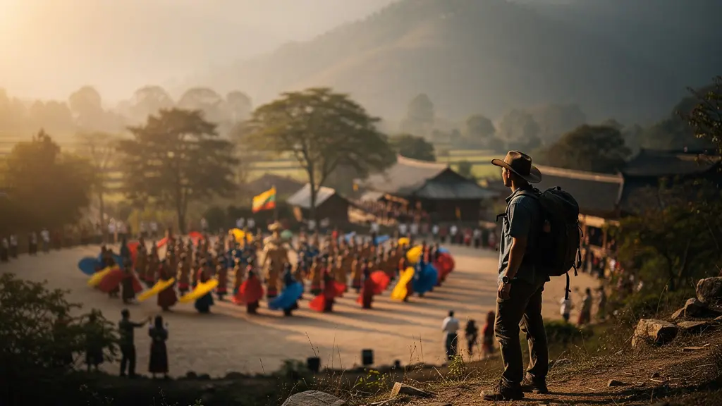 Voyageur occidental observant respectueusement une cérémonie traditionnelle depuis une distance appropriée