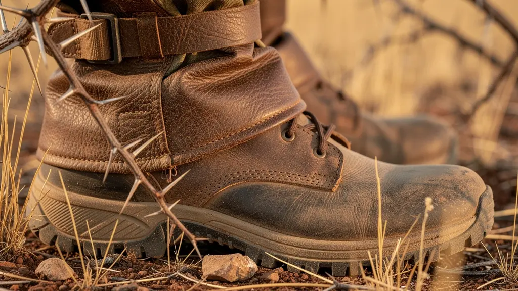 Gros plan sur des guêtres anti-serpents en cuir protégeant les jambes d'un marcheur en safari