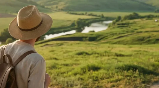 Voyageur solitaire observant un paysage naturel depuis un sentier hors des sentiers battus, symbolisant le choix d'une excursion authentique
