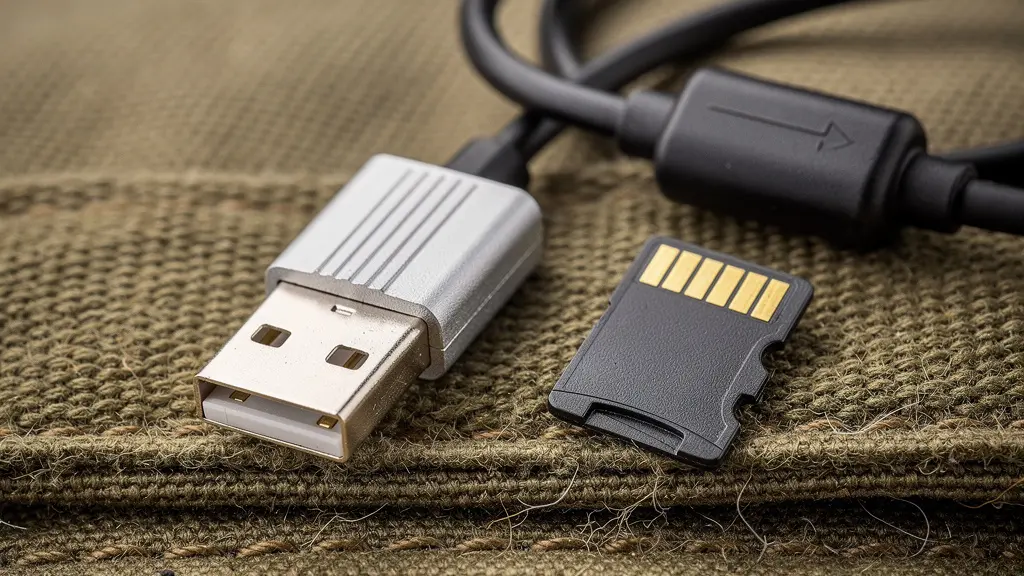 Petite clé USB métallique posée sur un tissu de sac à dos kaki avec un adaptateur OTG, évoquant la sauvegarde portable chiffrée en voyage