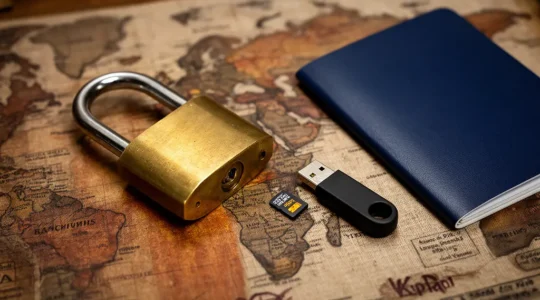 Cadenas métallique posé sur une surface en bois à côté d'une clé USB et d'un passeport fermé, évoquant la sécurité numérique en voyage