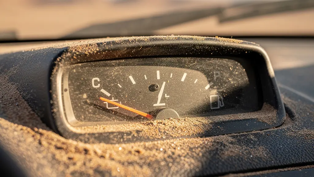 Macro détail d'une jauge de carburant sur tableau de bord poussiéreux