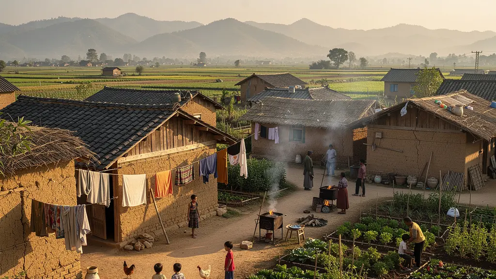 Vue aérienne contrastée d'un village authentique avec vie quotidienne active versus un village touristique artificiel