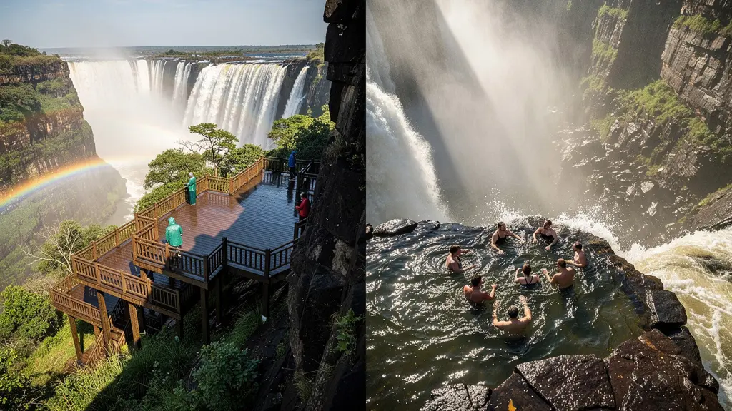 Vue aérienne en diptyque montrant les perspectives différentes des chutes depuis les deux pays