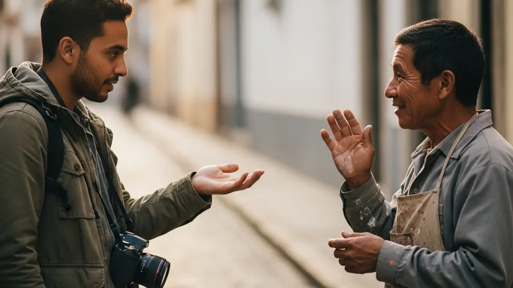 Un voyageur échange un regard et un geste de demande d’autorisation avant de prendre une photo, illustrant le consentement et le respect.