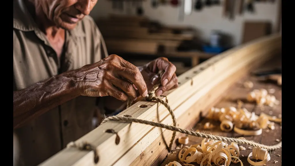 Artisan construisant une pirogue traditionnelle avec des techniques ancestrales