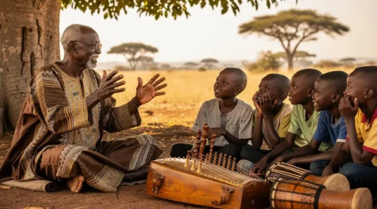Griots africains racontant l'histoire sous un baobab avec instruments traditionnels