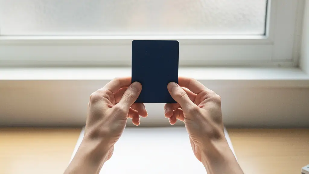 Mains positionnant un document plastifié sous un éclairage diffus naturel pour éviter les reflets, sur un bureau en bois clair