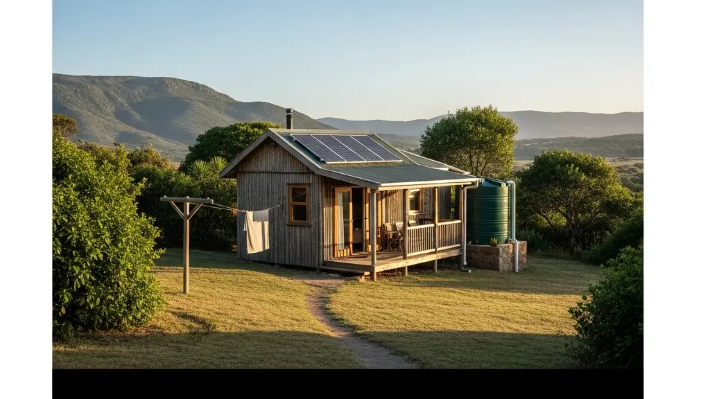 Un hébergement touristique autonome avec panneaux solaires et récupération d’eau, intégré discrètement dans son environnement.