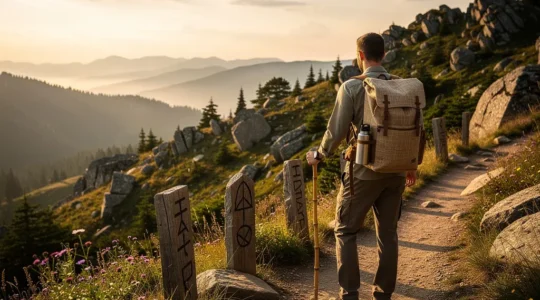 Randonneur observant un paysage de parc naturel avec gourde réutilisable et panneau solaire