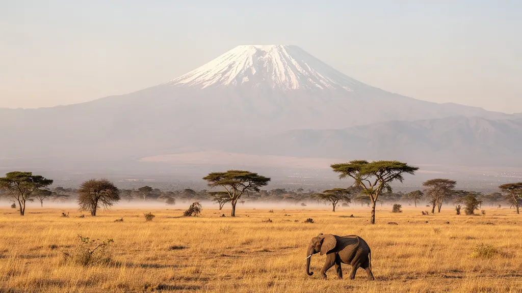 Éléphant solitaire marchant dans la savane avec le Kilimandjaro en arrière-plan