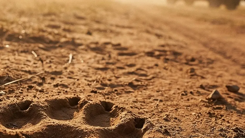 Empreinte de félin imprimée dans la poussière rouge d'une piste de safari africain, vue en gros plan avec la savane en arrière-plan flou