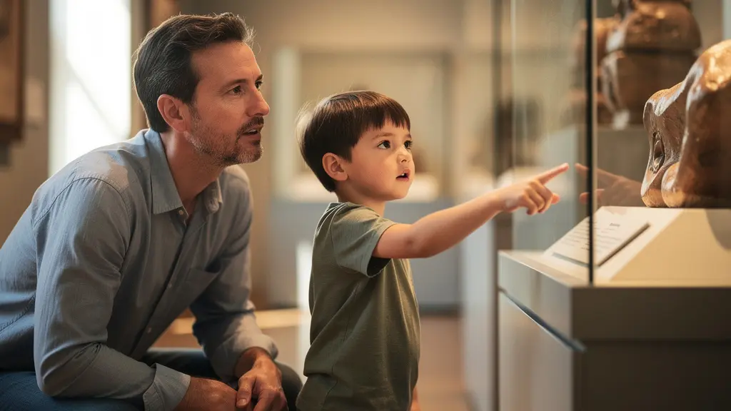 Parent et enfant en discussion devant une vitrine de musée sur l'esclavage