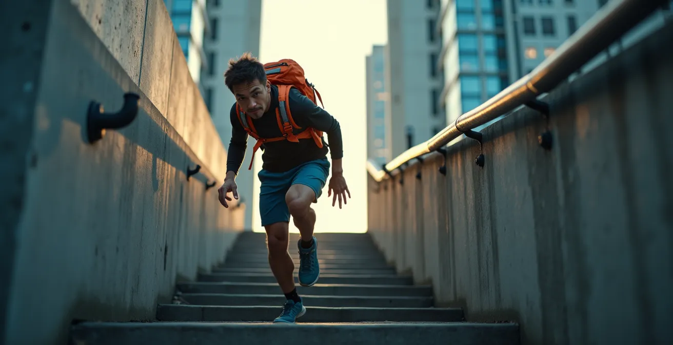 Athlète s'entraînant dans des escaliers urbains avec sac à dos chargé au lever du soleil