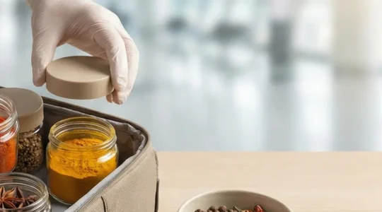 Des mains rangent des épices africaines en petits contenants neutres dans une valise ouverte, avec une ambiance de voyage et un fond flou.