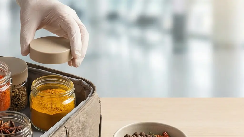 Des mains rangent des épices africaines en petits contenants neutres dans une valise ouverte, avec une ambiance de voyage et un fond flou.