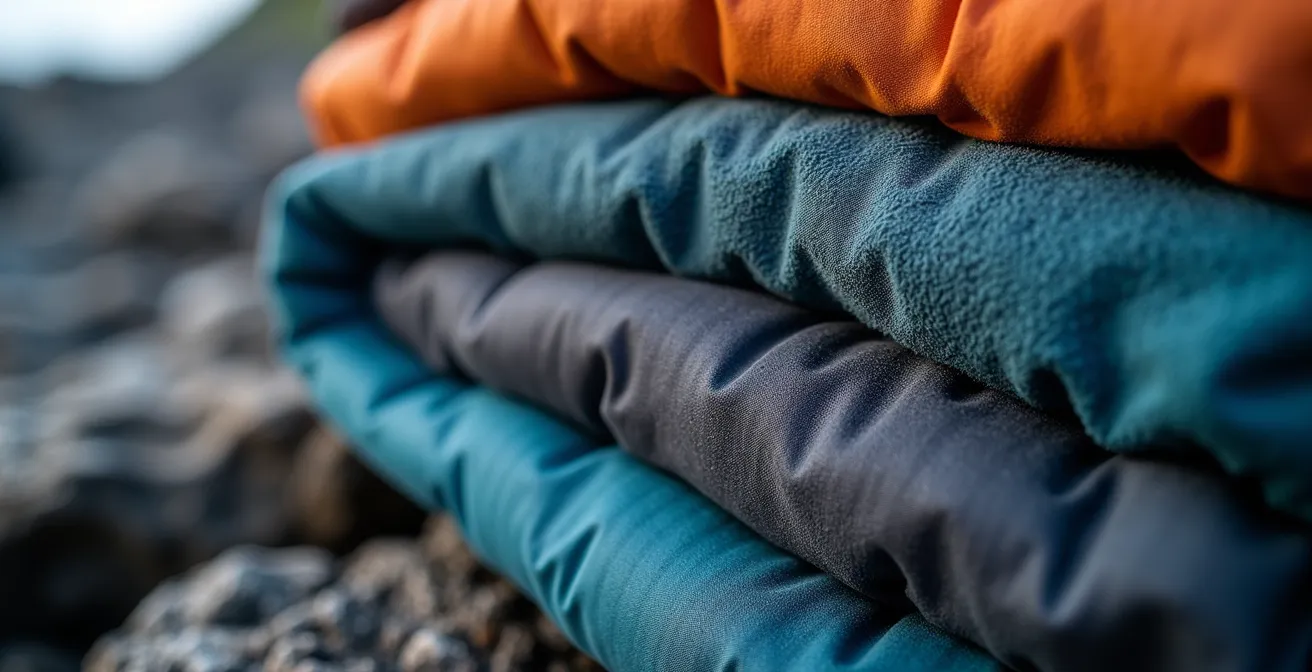 Équipement de montagne disposé en système de couches sur fond volcanique africain