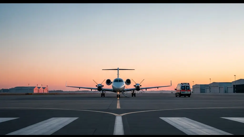 Petit avion médicalisé sur un tarmac au lever du jour avec une ambulance sans marquage, scène large minimaliste avec beaucoup d’espace vide.
