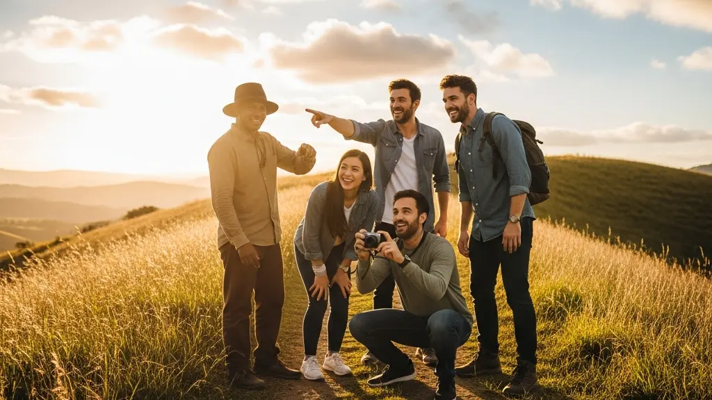 Petit groupe de voyageurs photographiant un paysage naturel depuis un sentier isolé, illustrant la flexibilité d'une excursion en petit comité