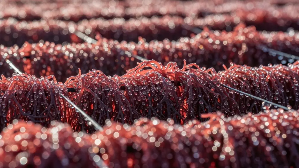 Fermes d'algues traditionnelles visibles à marée basse avec femmes locales au travail