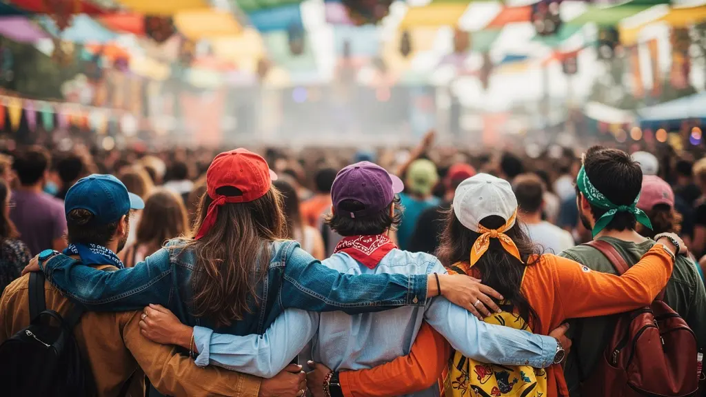 Groupe d'amis se tenant par les épaules dans une foule de festival, vue de dos