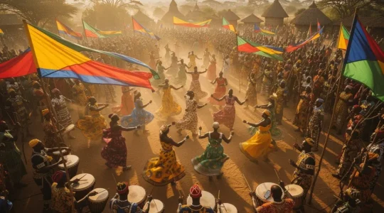 Foule festive dansant lors d'un festival africain avec musiciens traditionnels et costumes colorés