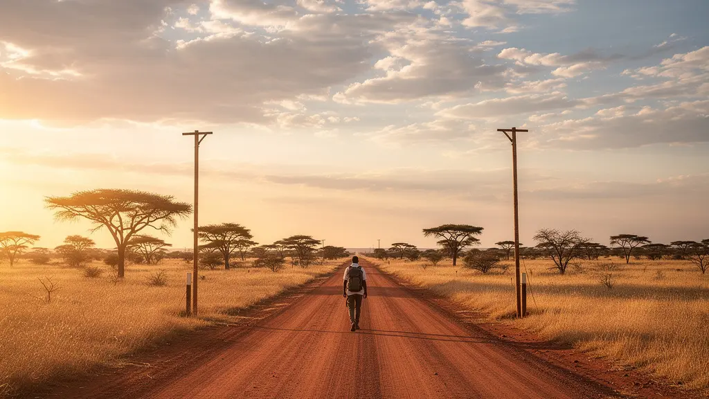Paysage de savane avec une piste de terre symbolisant le passage de frontière entre les pays de l'Afrique de l'Est couverts par l'EATV.