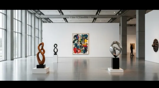 Intérieur spacieux et lumineux d'une galerie d'art contemporain présentant des œuvres africaines, style architectural épuré.