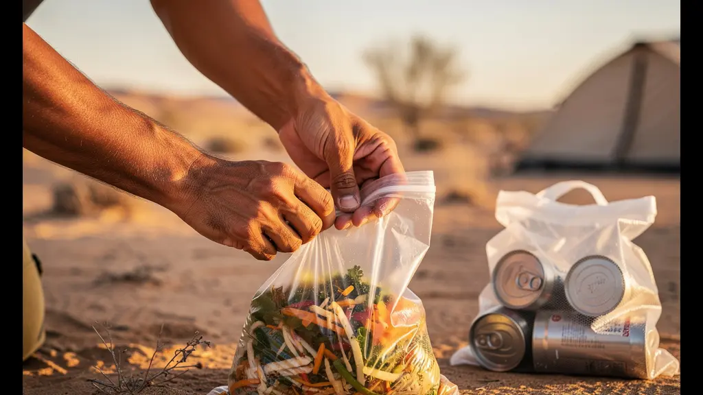 Organisation méthodique des déchets avec système de sacs étanches dans un campement désertique