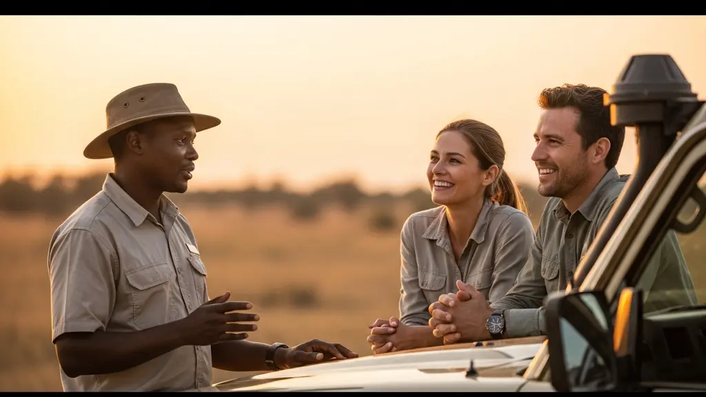 Un guide et deux voyageurs échangent au crépuscule avec une attitude complice, illustrant la qualité de la relation et de l'accompagnement.